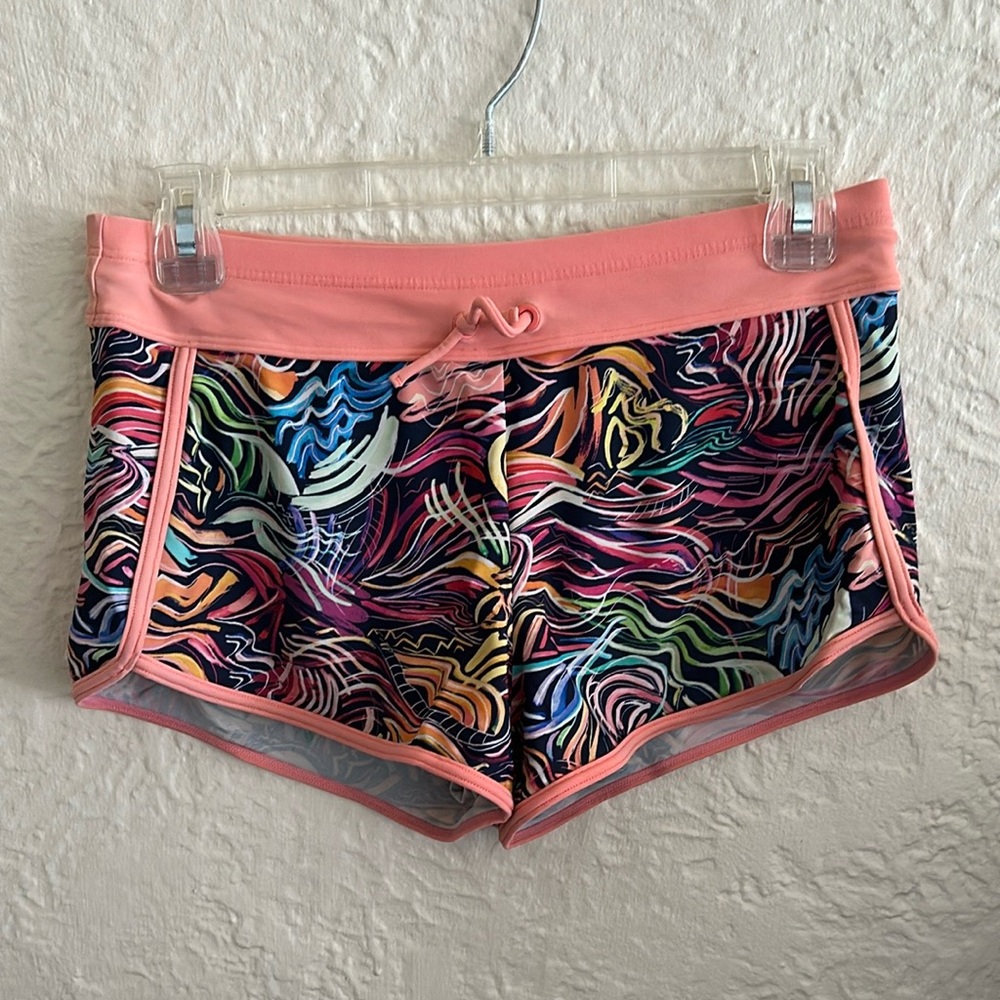 Athleta Girl Swim Cannonball 2.0 Shorts Coral Multi Pattern Blue Pink XL 14